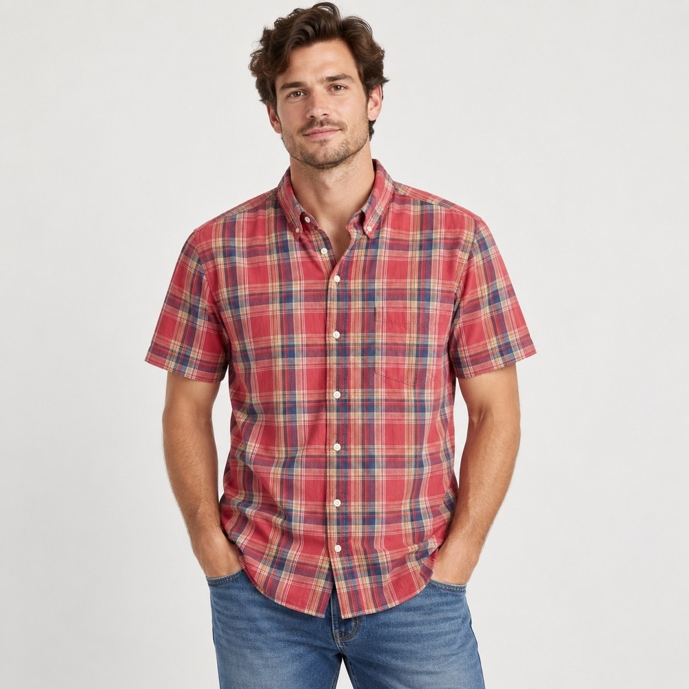 Gap Plaid Button Down Shirt Women Large Red Slim Fit Short Sleeve Preppy Woven